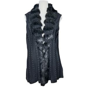 Ming Wang Cable Knit Sweater Vest Women L Black Faux Fur Long Sleeveless Luxury